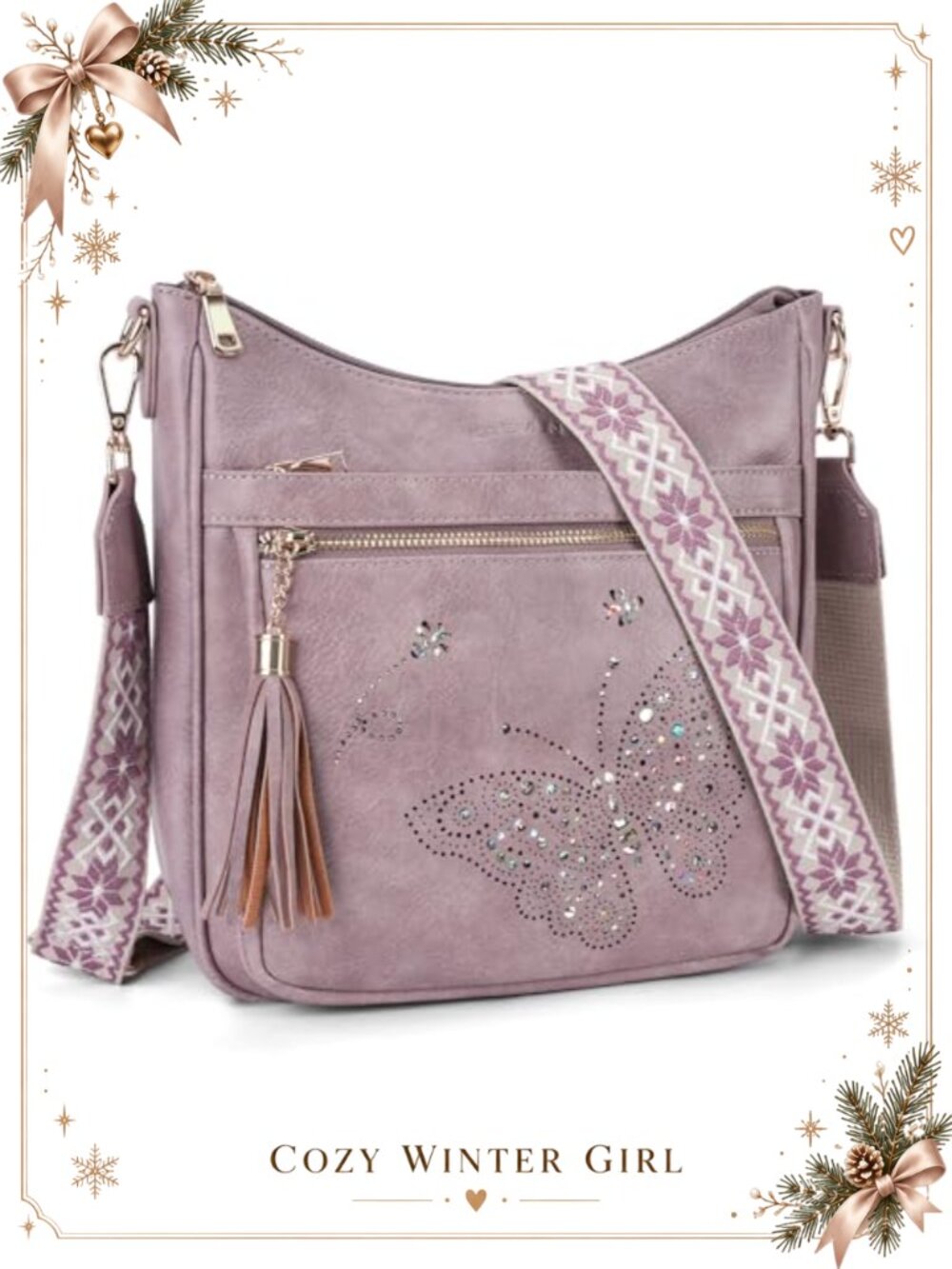 Vegan PU Leather Crossbody Bag Butterfly Shoulder Purse Tassel Multi-Pocket